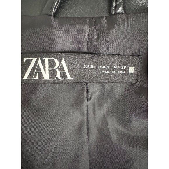 ZARA Small Black Faux Leather Belted Jacket Belted Waist & Zipper Pockets - Picture 2 of 15